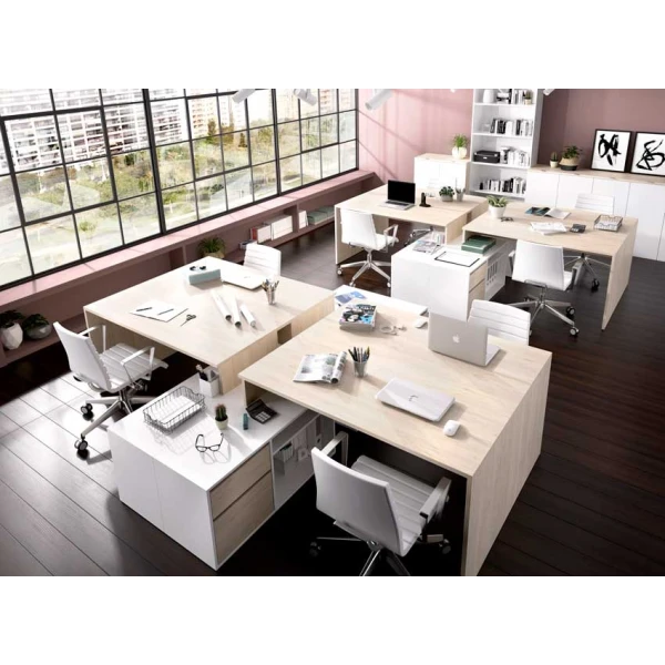 Tavolo da scrivania a forma di L con cassetti e mensole