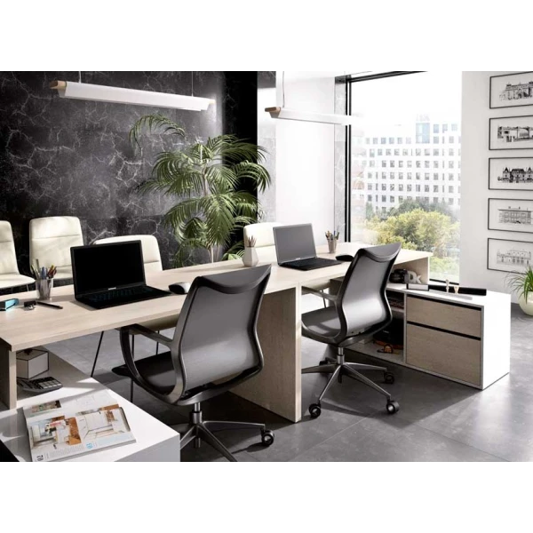 Tavolo da scrivania a forma di L con cassetti e mensole