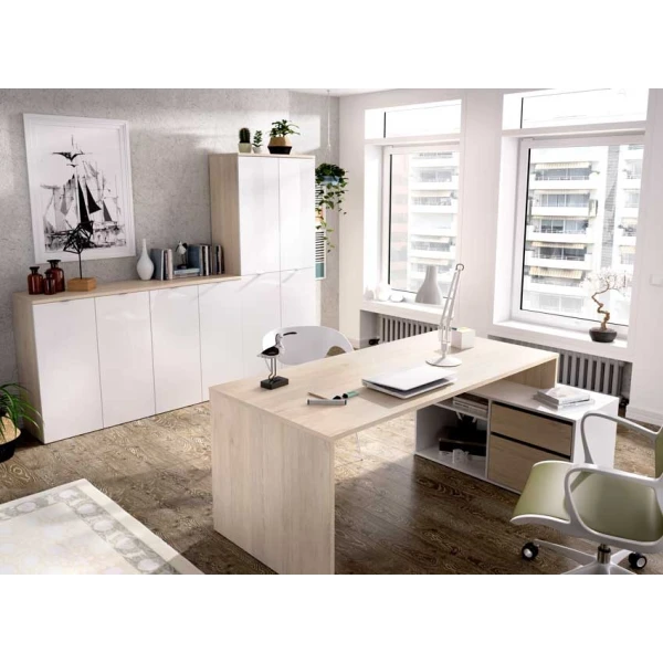 Tavolo da scrivania a forma di L con cassetti e mensole
