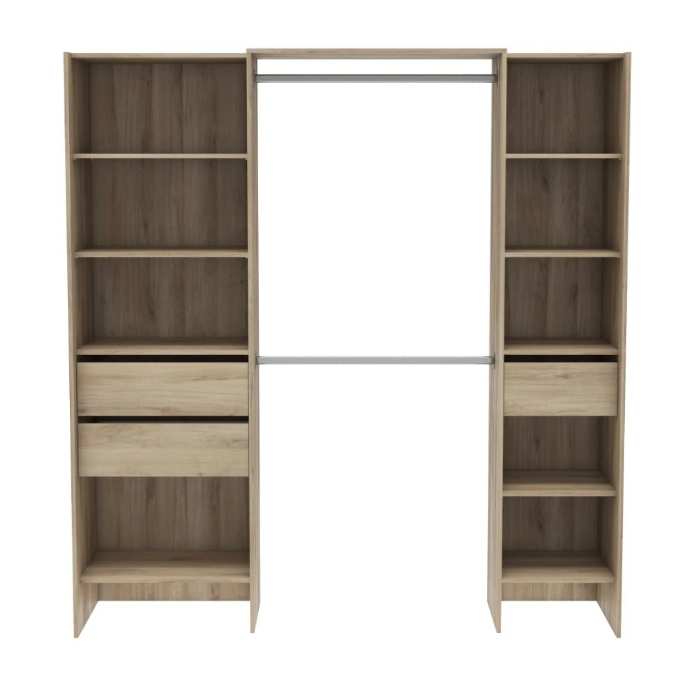 Armadio aperto di 192 x 50 cm con 2 barre, 3 cassetti e 9 ripiani. Grande capacità di archiviazione