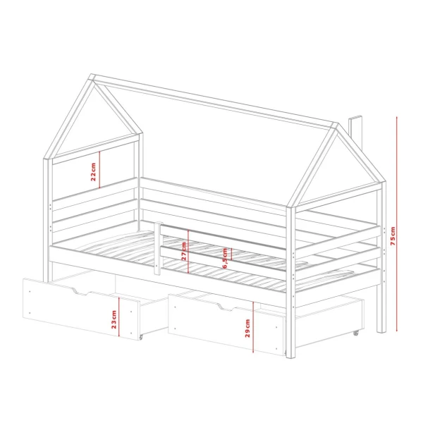 CAMA INFANTIL CASITA CON CAJONES Y BARANDILLA MISSISSIPPI