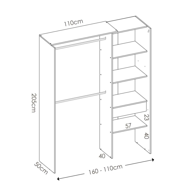 Guardaroba aperto con cassetto e tenda moderna. 2 aste appendiabiti. 4 scaffali. Armadio aperto con tenda.