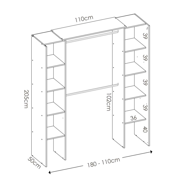 Armadio aperto con 2 colonne e tenda. 2 aste appendiabiti. 10 scaffali. Misure regolabili.