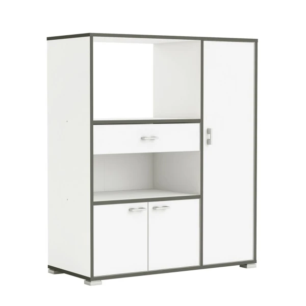 Armadio ausiliario da cucina. Spazio per microonde. 3 porte, cassetto e scaffali. Mobile dispensa - Credenza.