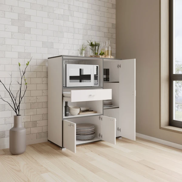 Armadio ausiliario da cucina. Spazio per microonde. 3 porte, cassetto e scaffali. Mobile dispensa - Credenza.