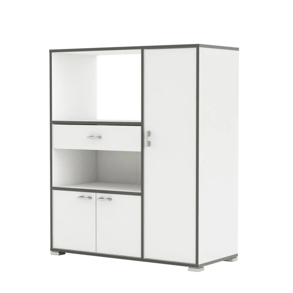 Armadio ausiliario da cucina. Spazio per microonde. 3 porte, cassetto e scaffali. Mobile dispensa - Credenza.