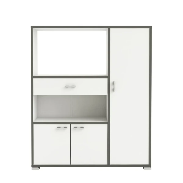 Armadio ausiliario da cucina. Spazio per microonde. 3 porte, cassetto e scaffali. Mobile dispensa - Credenza.