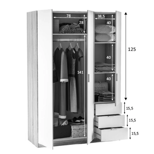 Armadio a 3 ante e 3 cassetti 