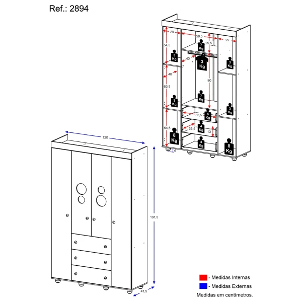 Armadio bambini bianco BUBBLES con misure dettagliate, design funzionale e compatto