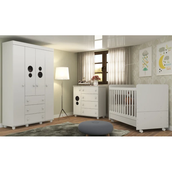 Armadio bambini bianco BUBBLES con 4 ante e 3 cassetti, design moderno e grande capienza