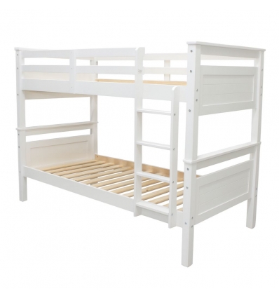 Letto a castello in legno bianco Titan Vicawu 90x190 con scala e doghe su sfondo bianco