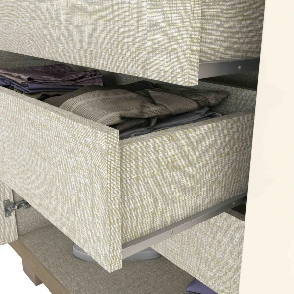 Dettaglio del cassetto dell’armadio Sirius con finitura materica e guida scorrevole – Vicawu