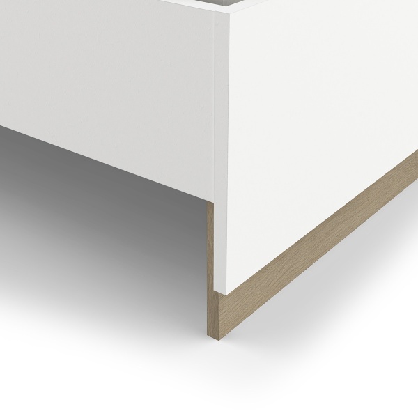 Dettaglio in legno finitura rovere naturale per letto Nord, trama di alta qualità