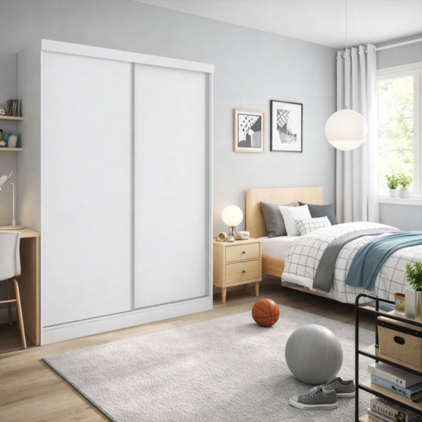 Armadio Soyo con ante scorrevoli reversibili bianco, camera da letto moderna stile minimalista