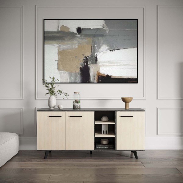 Credenza Keny Vicawu 3 ante in soggiorno moderno, mobile in legno chiaro e grigio grafite elegante