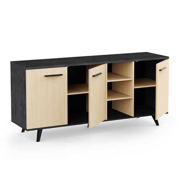 Credenza Keny Vicawu 3 ante con ampio spazio e ripiani, finitura legno chiaro e grigio grafite