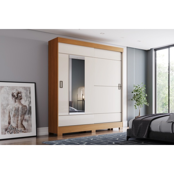 Armadio con cassetti Bayron in rovere cannella naturale e beige, design moderno con ante scorrevoli