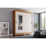 Armadio con cassetti Bayron in rovere cannella naturale e beige, design moderno con ante scorrevoli