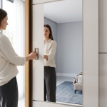 Armadio con cassetti Bayron con specchio e ante scorrevoli in rovere cannella e beige