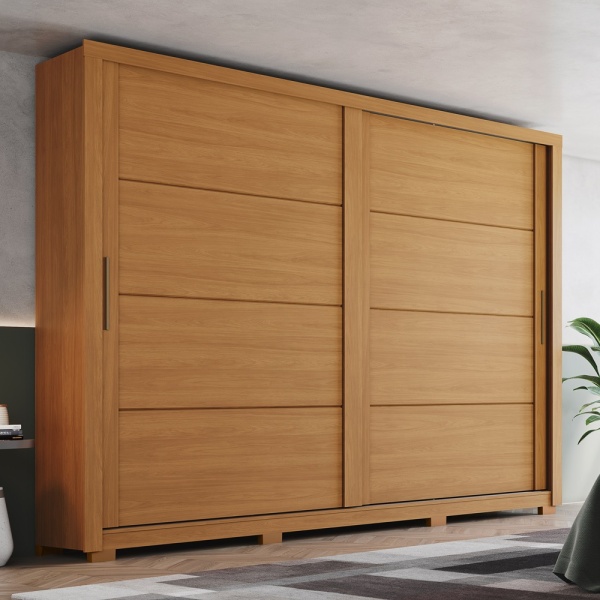 Armadio Genius con ante scorrevoli in rovere cannella, design moderno e grande capacità