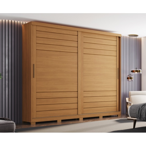 Armadio con ante scorrevoli Rufus in legno naturale, design moderno ed elegante per camera