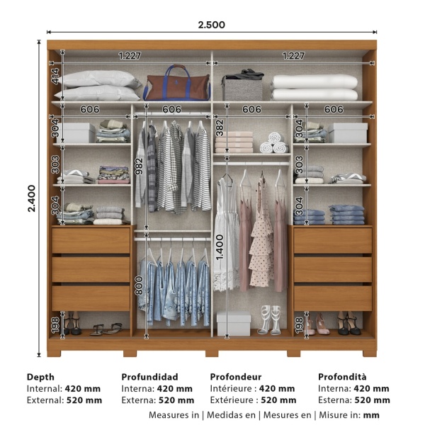 Misure armadio Rufus 250x240 cm con disposizione interna e profondità