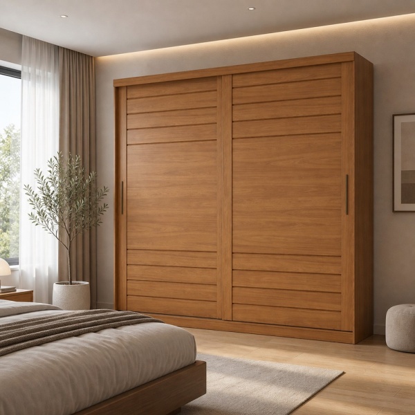 Armadio Rufus con ante scorrevoli finitura rovere caldo, stile contemporaneo