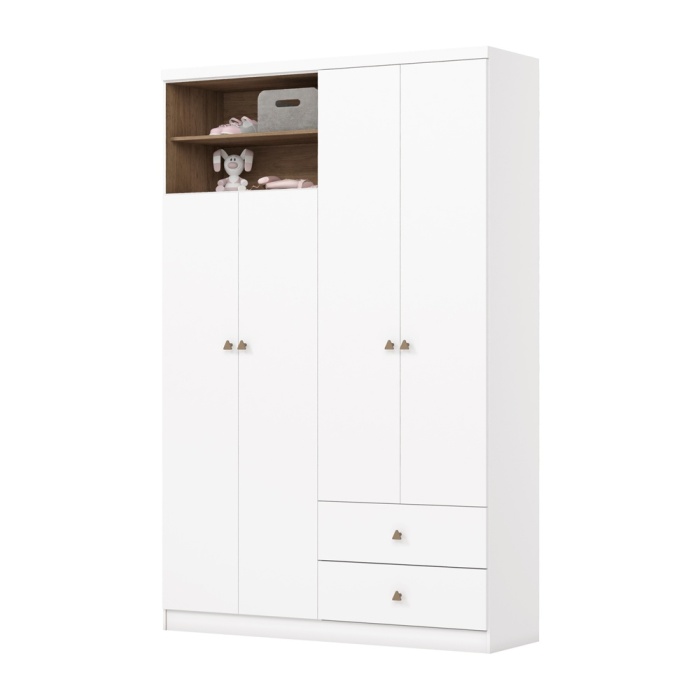Armadio Gamil Vicawu 4 ante bianco lucido con cassetti e ripiani decorativi aperti
