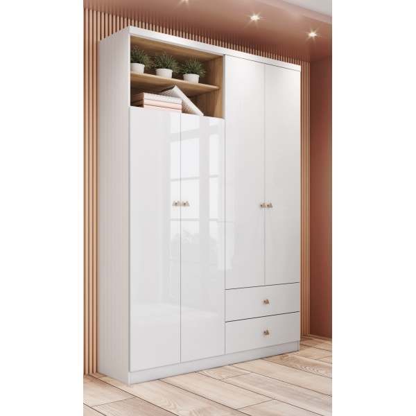 Armadio moderno Gamil Vicawu bianco con dettagli in legno per camere eleganti